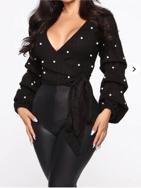 Black Pearl-Embellished Wrap Sweater Top